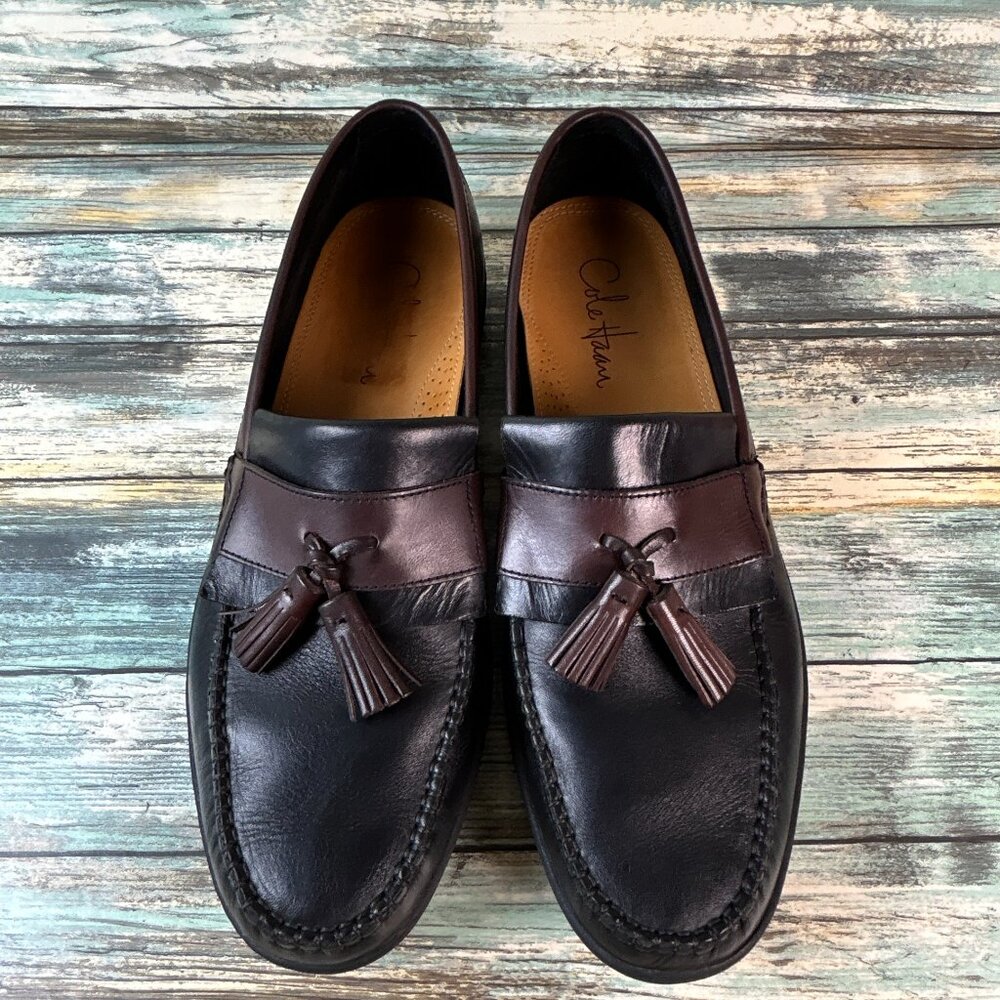 Cole Haan Tassel Loafers Shoes Mens Sz 9.5M Black Brown Leather Moc Toe Slip On.